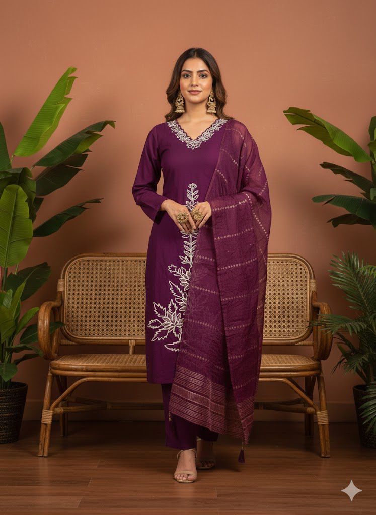 Straight Cut 3pcs Suit V Neck With Embroidery Work
