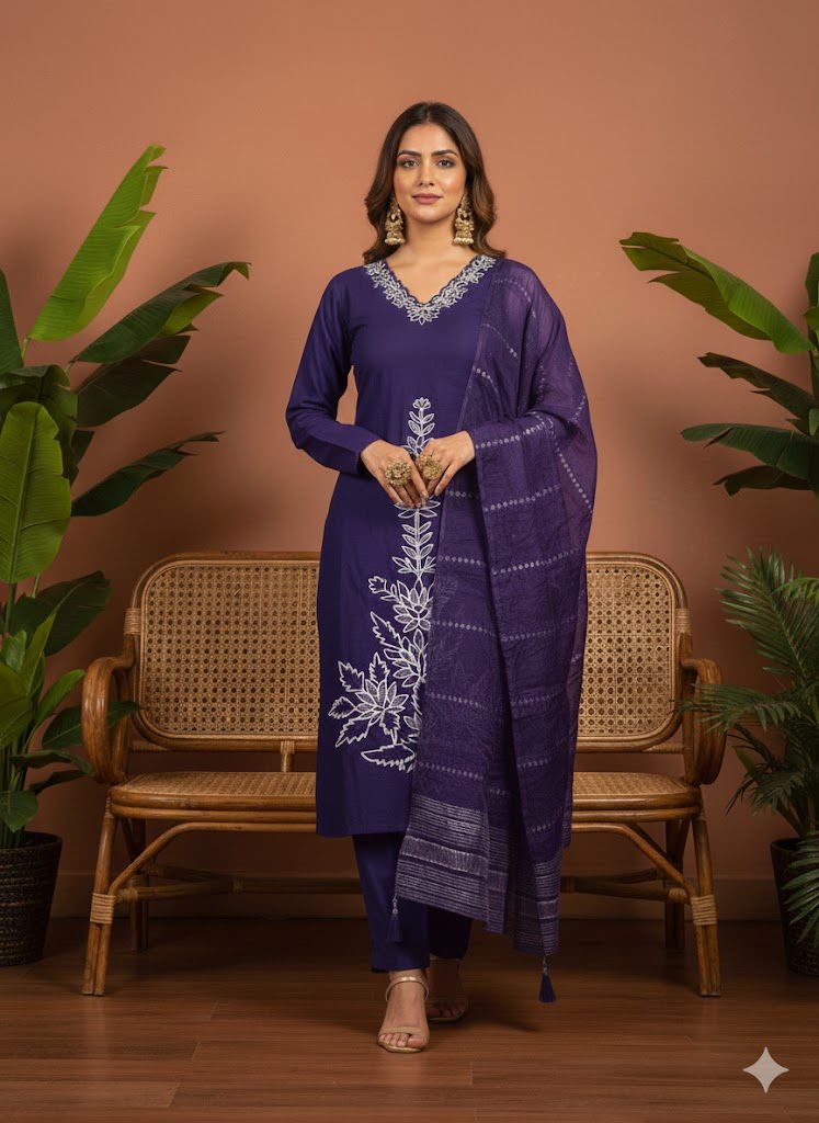 Straight Cut 3 Piece Suit with V-Neck and Embroidery Work