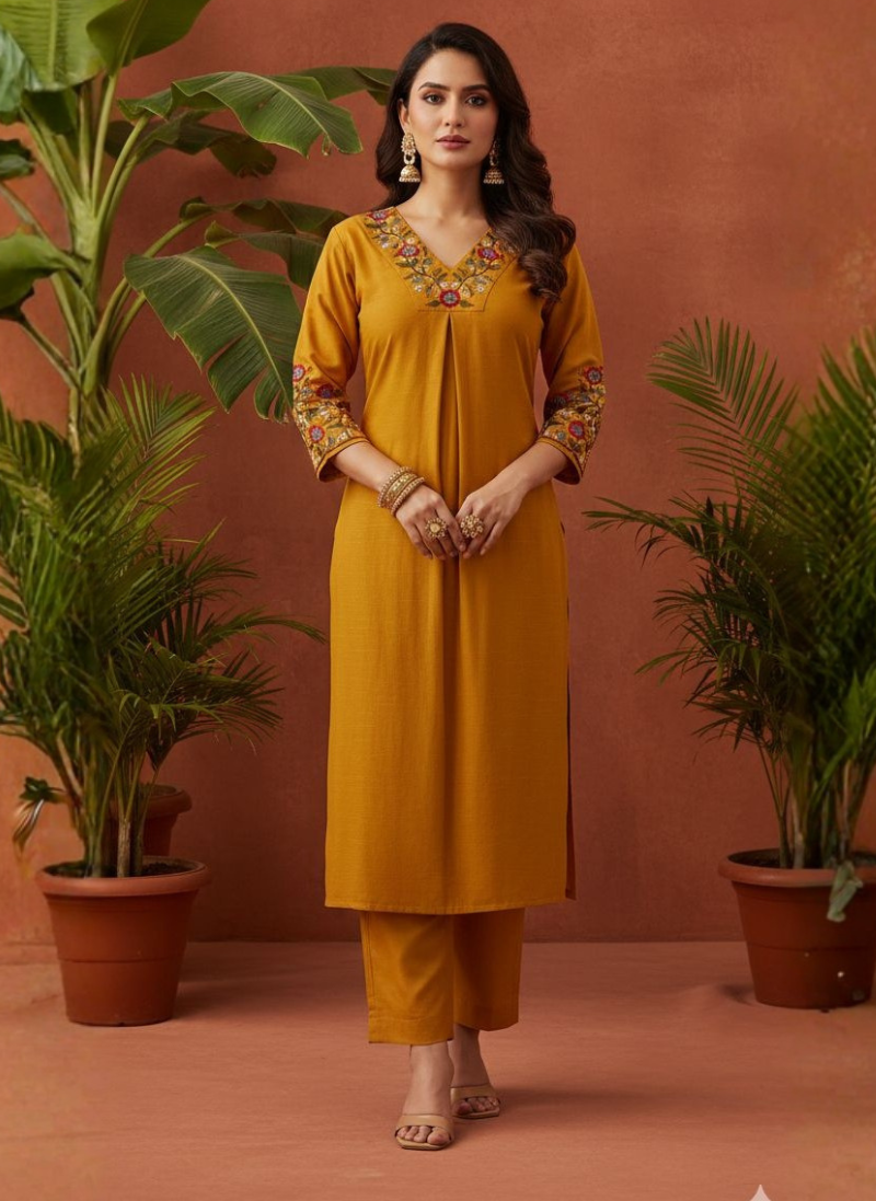 Floral Embroidered V-Neck Straight Cord Set