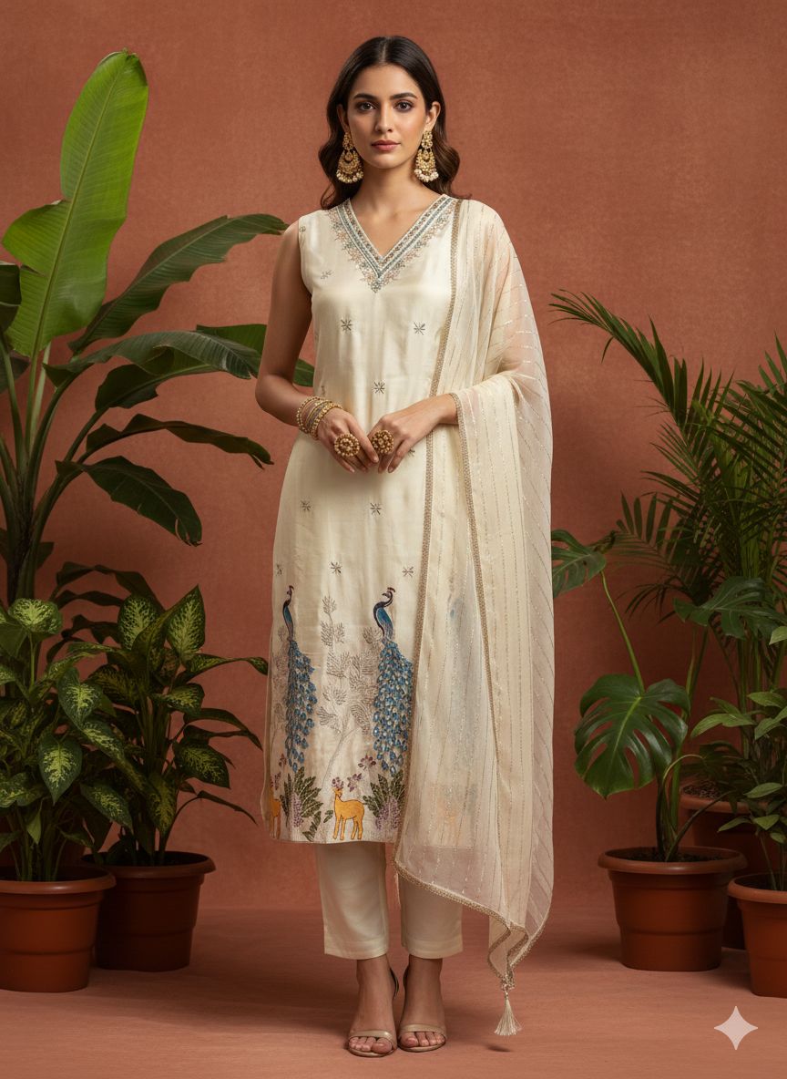 Peacock Embroidered Straight Kurta Set