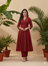 Royal Red Flared V-Neck Cord Set