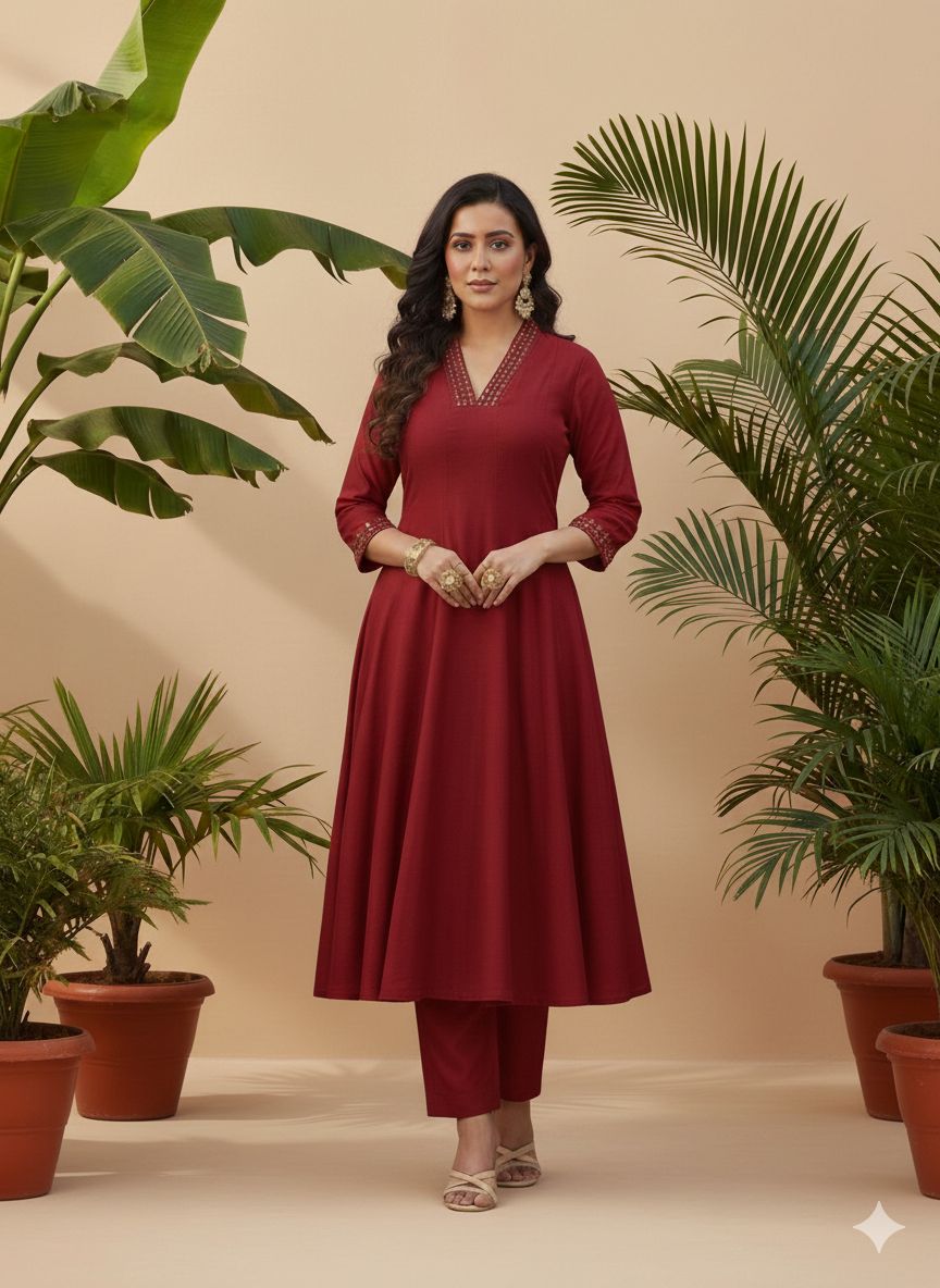 Royal Red Flared V-Neck Cord Set