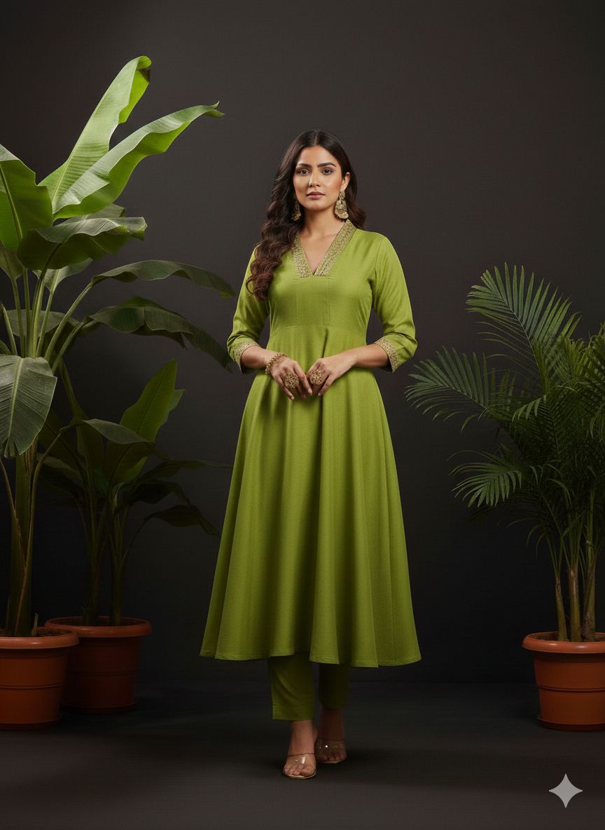 Olive Elegance Flared V-Neck Cord Set