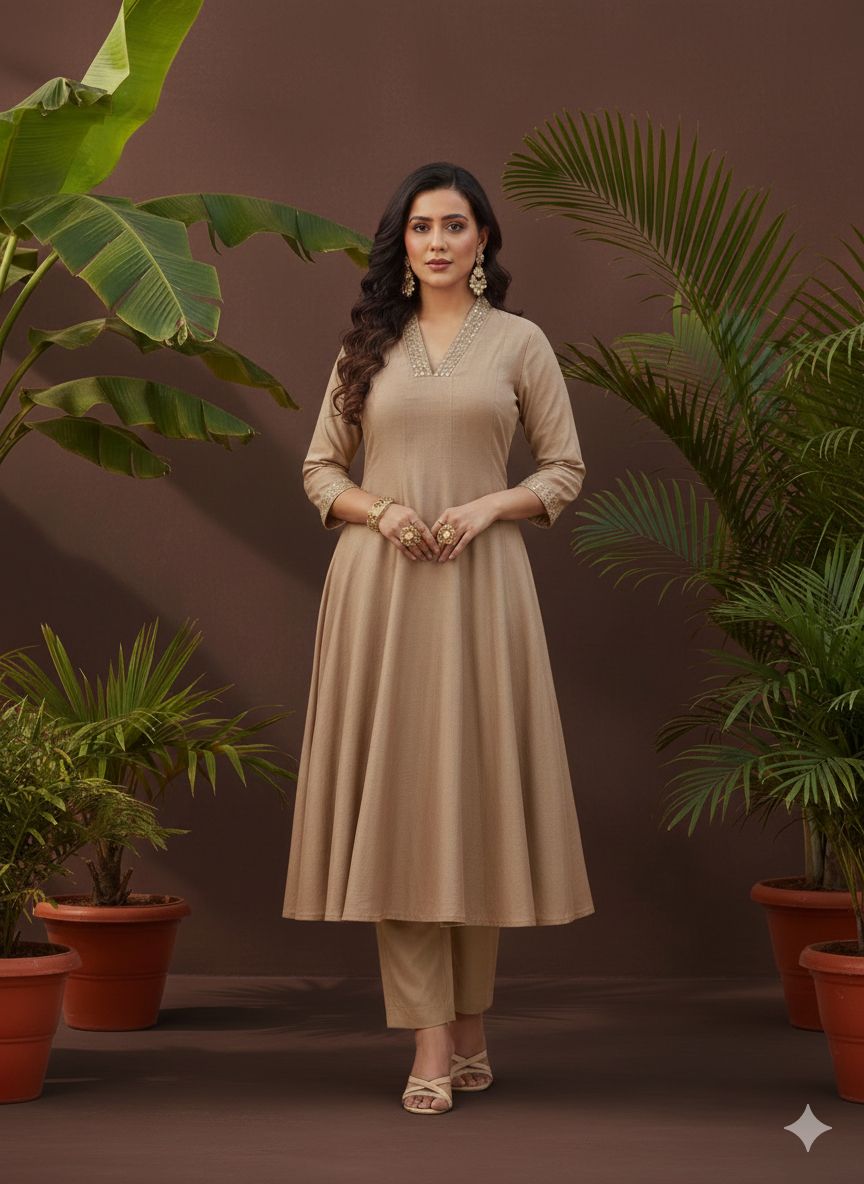 Grey Colour Flared V-Neck Cord Set