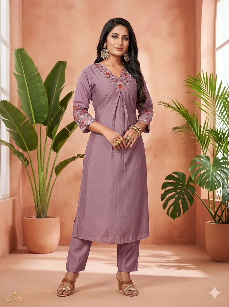 Floral Embroidered V-Neck Straight Cord Set