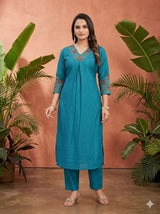 Floral Embroidered V-Neck Straight Cord Set