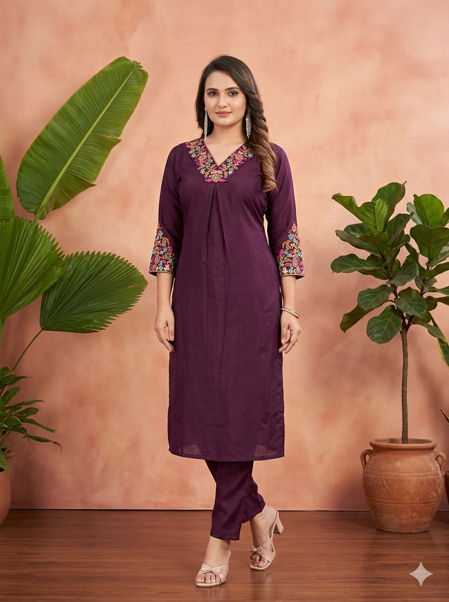 Floral Embroidered V-Neck Straight Cord Set