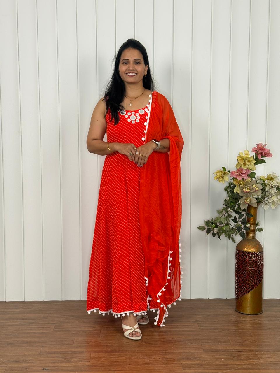 Orange Bandhani Three Piece Suit